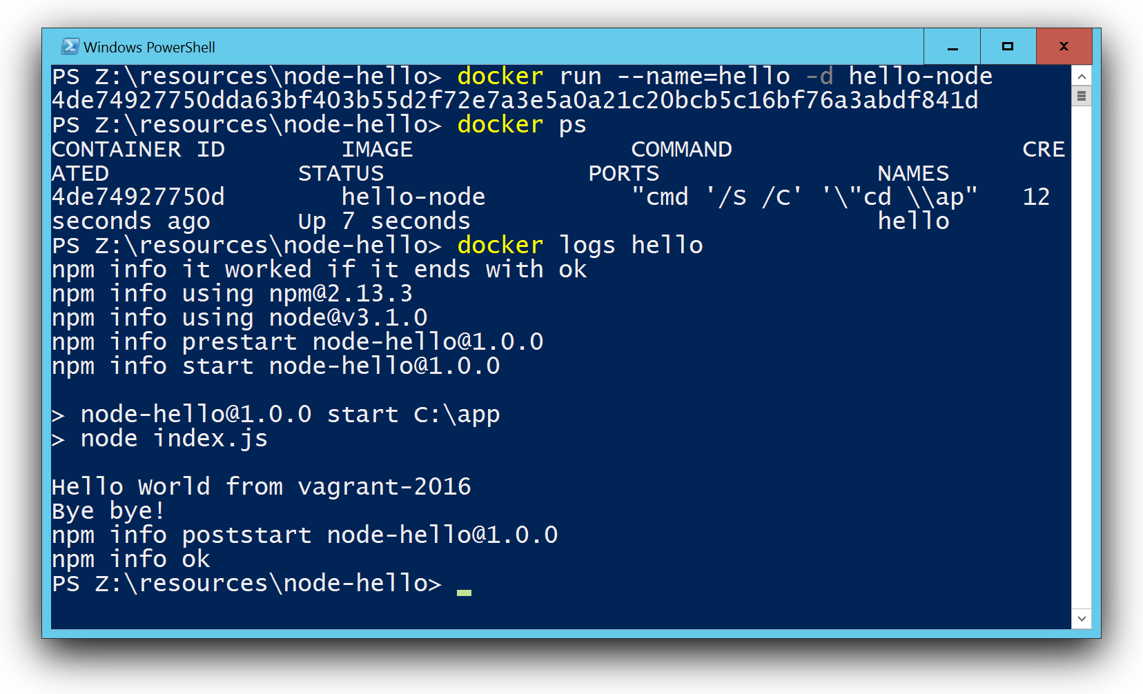Docker run hello world with Node.js in a Windows container
