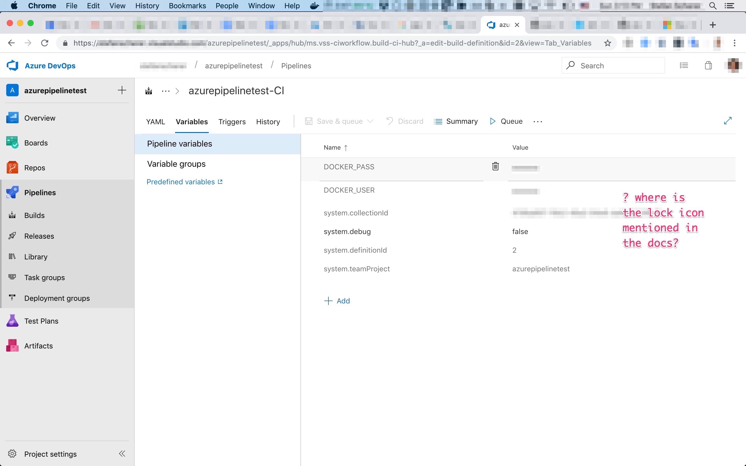 azure pipelines variables where is the lock